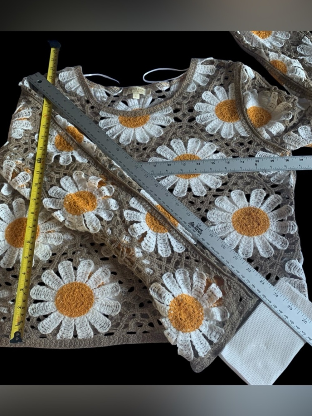 🌼Crochet Daisy Lace Sheer Top Long Sleeve White Yellow Taupe L - Picture 13 of 14